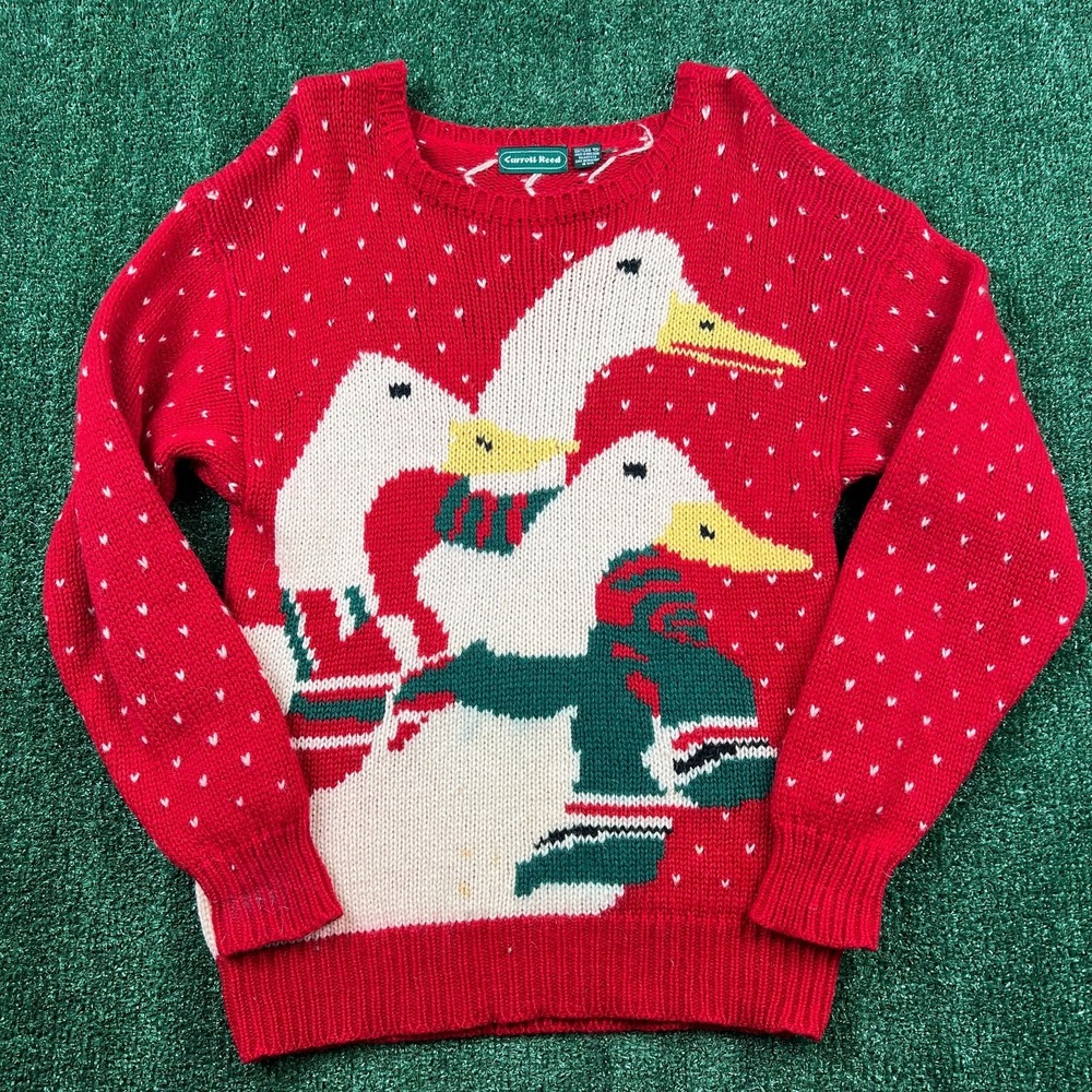 VTG Carroll Reed Duck Sweater Womens M Red Novelty Goose Bird Hong Kong 80s